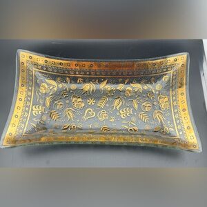 Georges Briard Gold Floral Persian Garden Design Glass Tray Dish 11”